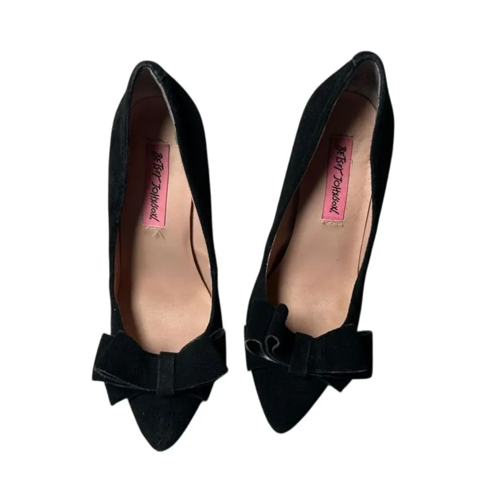 Betsey Johnson Black‎ Suede Bow Pointed Toe Kitten Heel Pumps Classic Shoes
